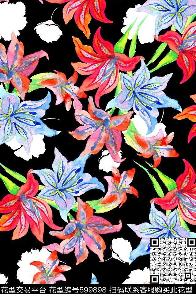 水彩花卉百合数码印花华亿平台下载（图片编号: 599898） - 瓦栏（Walan）