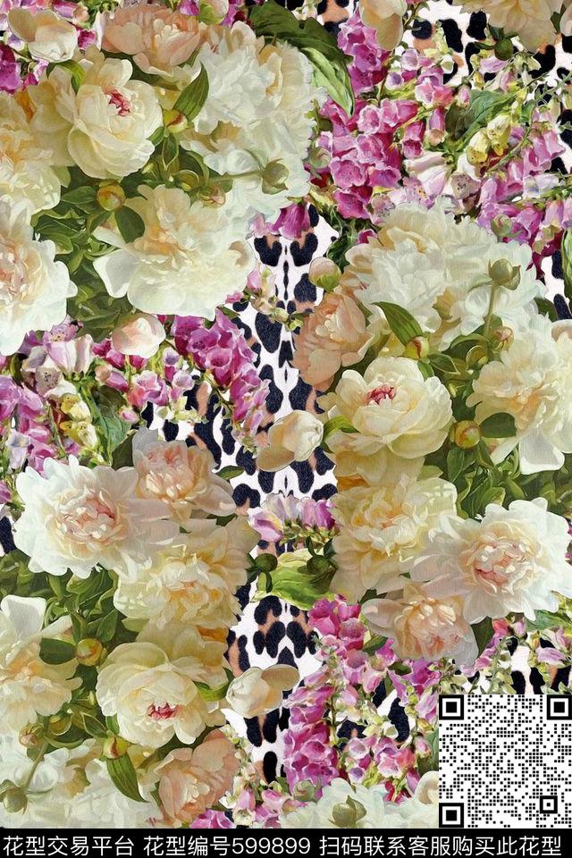 花卉豹纹牡丹花数码印花华亿平台下载（图片编号: 599899） - 瓦栏（Walan）