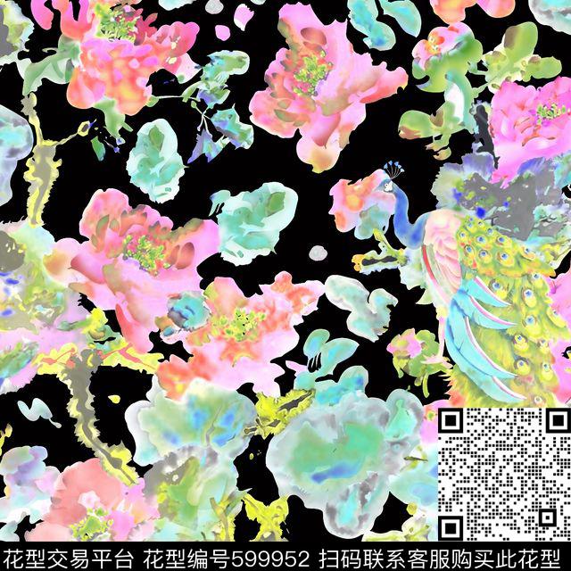花朵花卉孔雀数码印花华亿平台下载（图片编号: 599952） - 瓦栏（Walan）