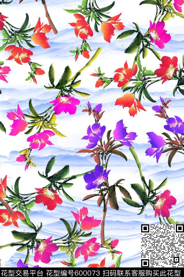 连衣裙中国风水墨海棠传统印花华亿平台下载（图片编号: 600073） - 瓦栏（Walan）