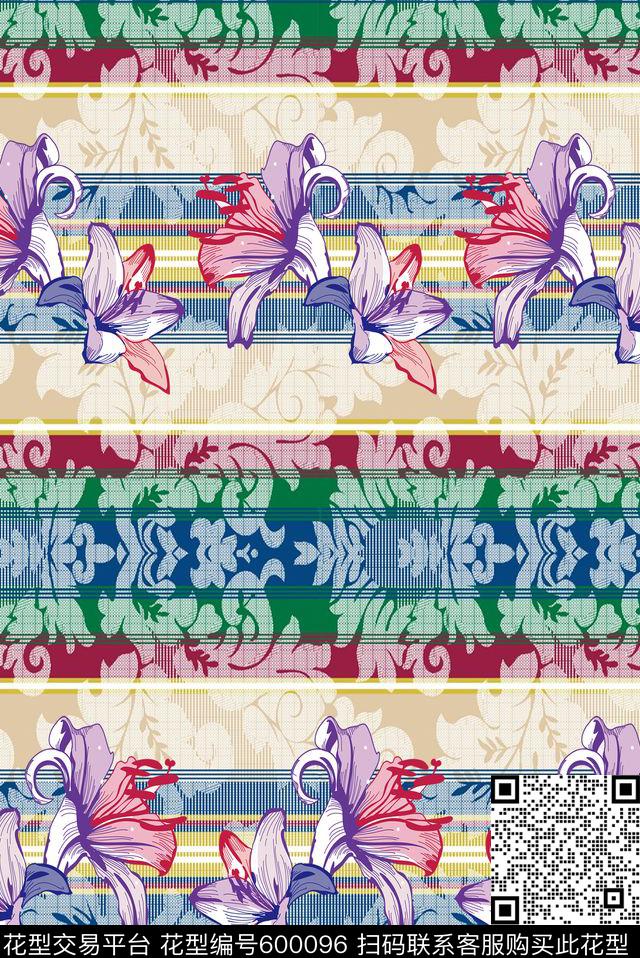 手绘花卉定位花数码印花华亿平台下载（图片编号: 600096） - 瓦栏（Walan）