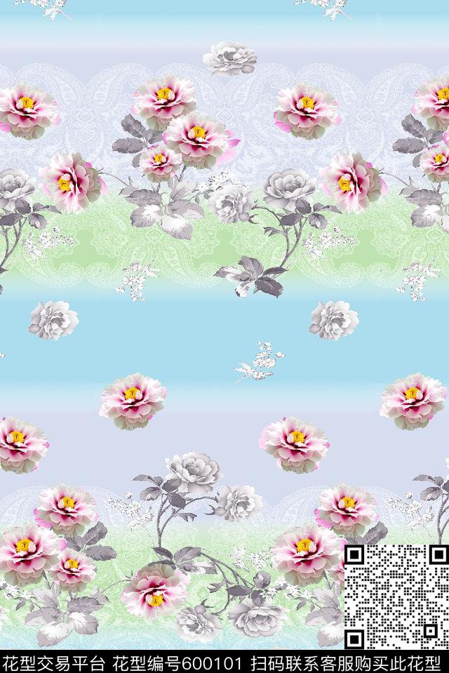 手绘花卉定位花数码印花华亿平台下载（图片编号: 600101） - 瓦栏（Walan）