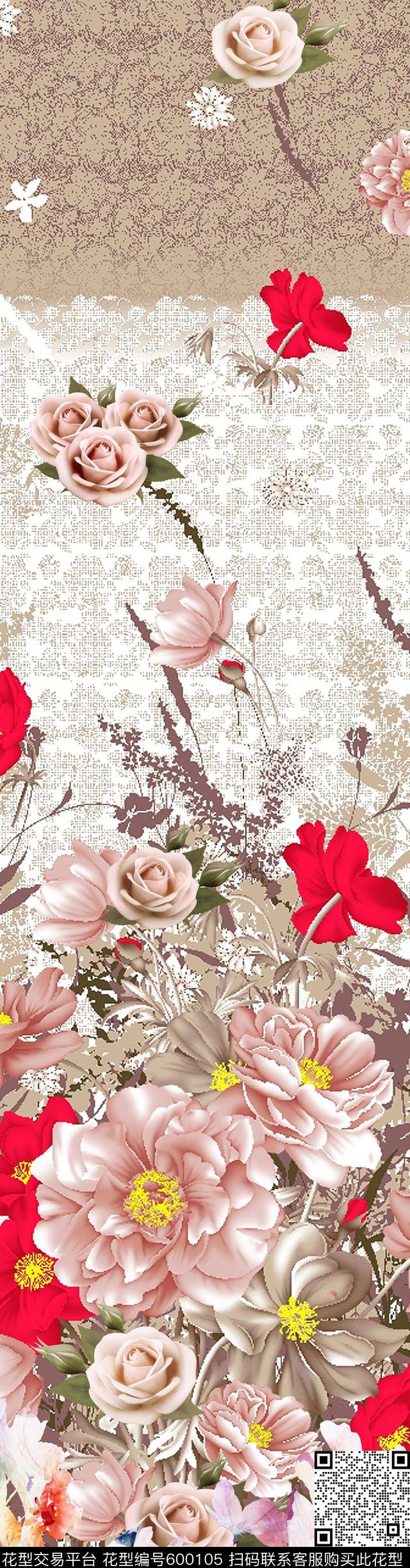 手绘花卉定位花数码印花华亿平台下载（图片编号: 600105） - 瓦栏（Walan）