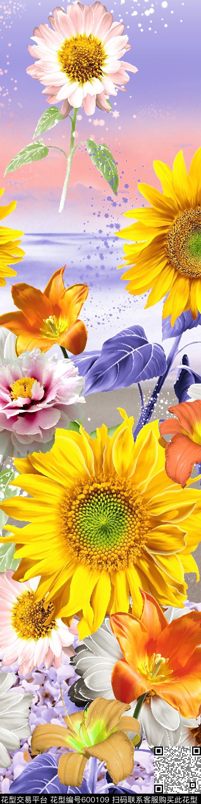 手绘花卉定位花数码印花华亿平台下载（图片编号: 600109） - 瓦栏（Walan）