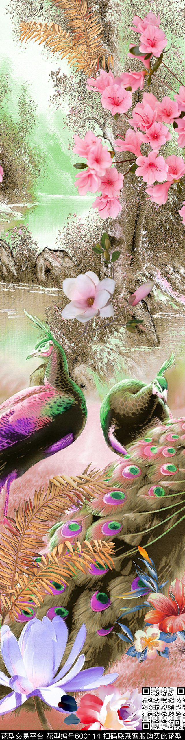 手绘花卉定位花数码印花华亿平台下载（图片编号: 600114） - 瓦栏（Walan）