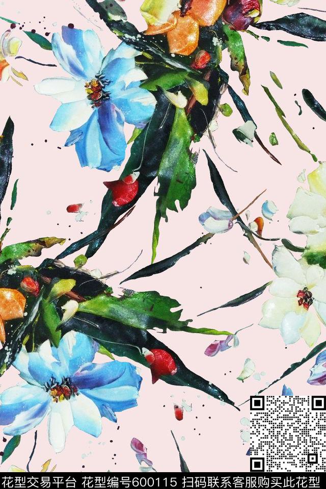 手绘花卉定位花数码印花华亿平台下载（图片编号: 600115） - 瓦栏（Walan）