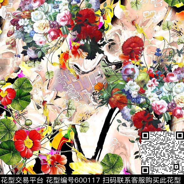 手绘花卉定位花数码印花华亿平台下载（图片编号: 600117） - 瓦栏（Walan）