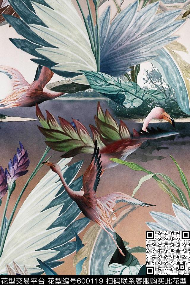 手绘花卉定位花数码印花华亿平台下载（图片编号: 600119） - 瓦栏（Walan）