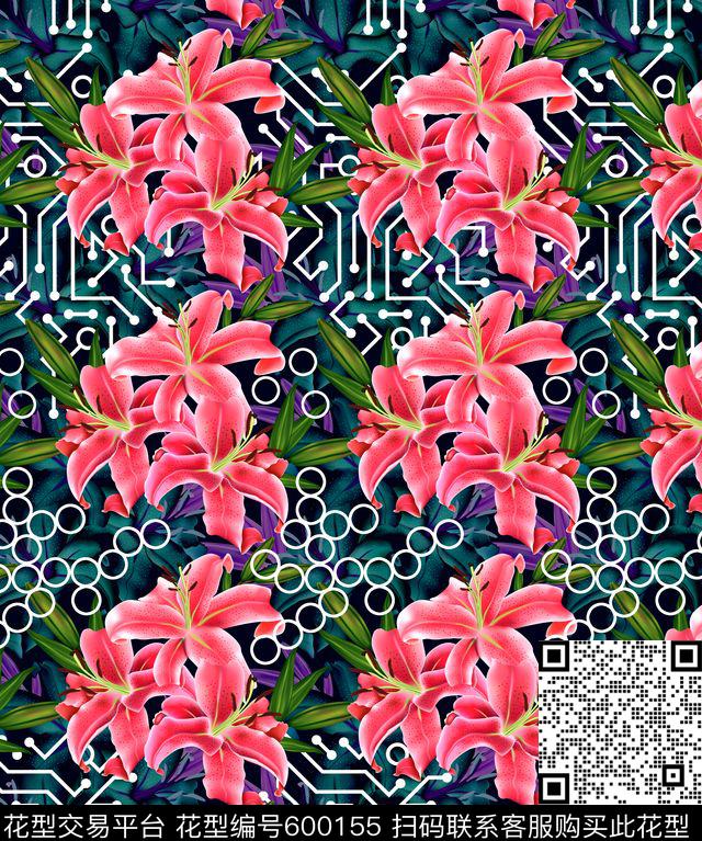 花卉电路几何数码印花华亿平台下载（图片编号: 600155） - 瓦栏（Walan）