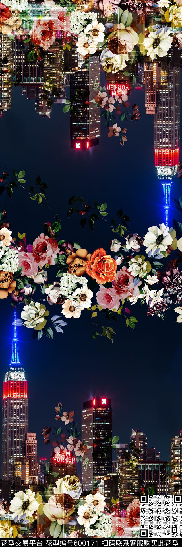 夜景城市花卉数码印花华亿平台下载（图片编号: 600171） - 瓦栏（Walan）