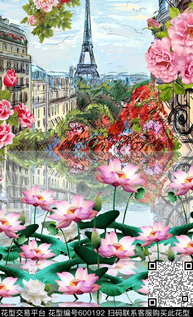 连衣裙荷叶荷花大牌定位花卉建筑风景数码印花华亿平台下载（图片编号: 600192） - 瓦栏（Walan）