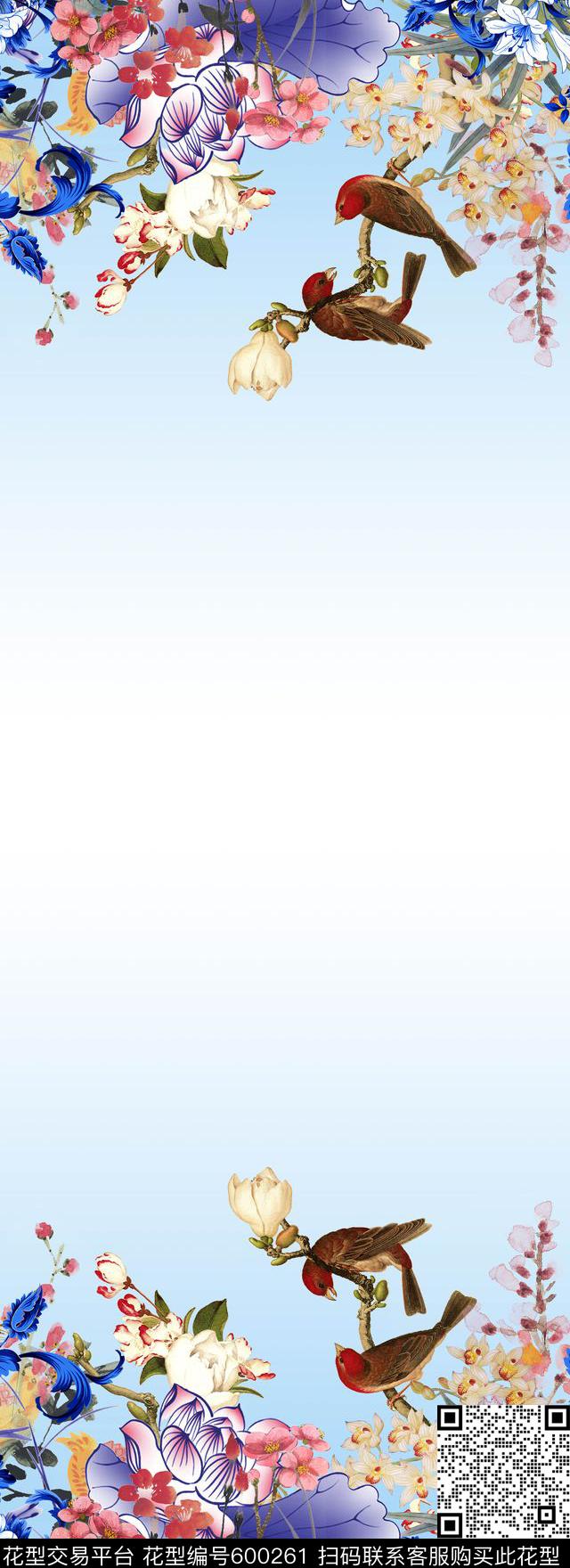 花卉双边定位山水画数码印花华亿平台下载（图片编号: 600261） - 瓦栏（Walan）