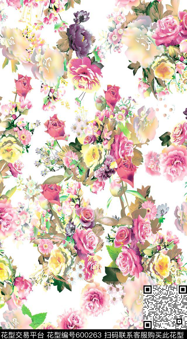 大气白底花卉数码印花华亿平台下载（图片编号: 600263） - 瓦栏（Walan）