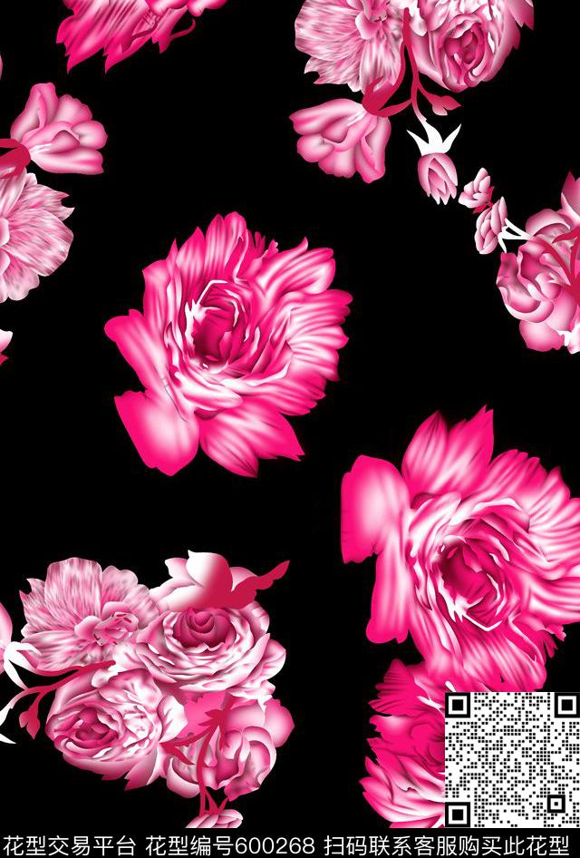 花朵黑底数码印花华亿平台下载（图片编号: 600268） - 瓦栏（Walan）