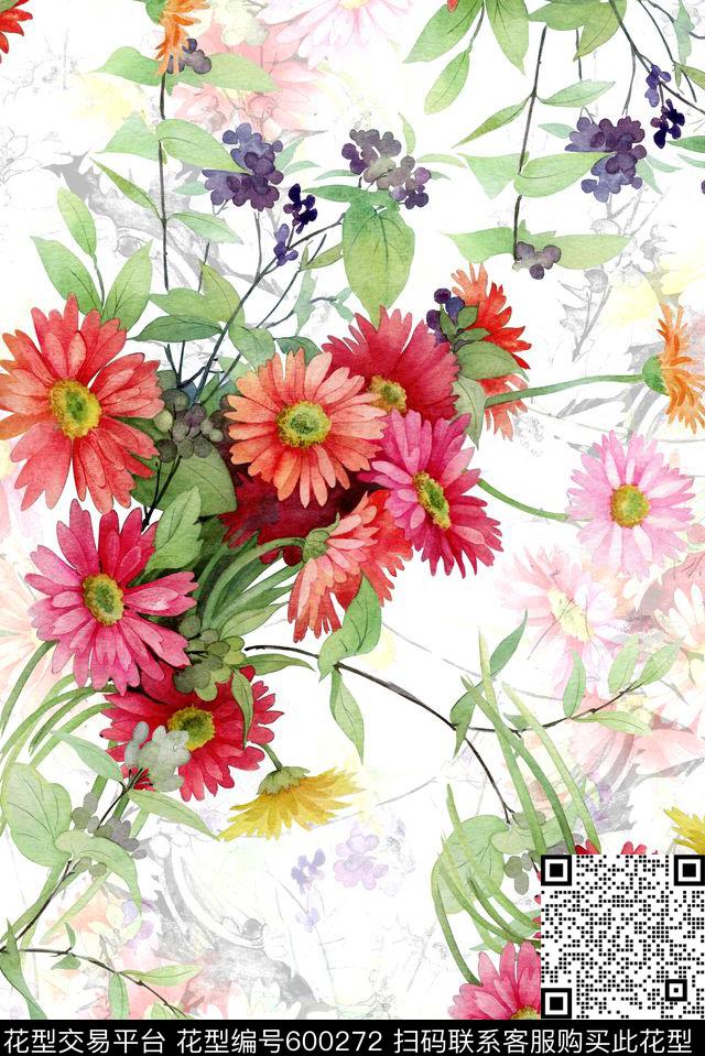 手绘中国风抽象花卉数码印花华亿平台下载（图片编号: 600272） - 瓦栏（Walan）