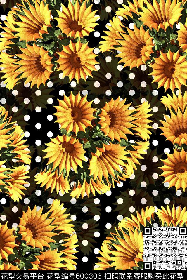 手绘喇叭花抽象波点中国风数码印花华亿平台下载（图片编号: 600306） - 瓦栏（Walan）