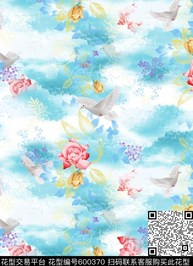 花卉云朵手绘玫瑰花数码印花华亿平台下载（图片编号: 600370） - 瓦栏（Walan）