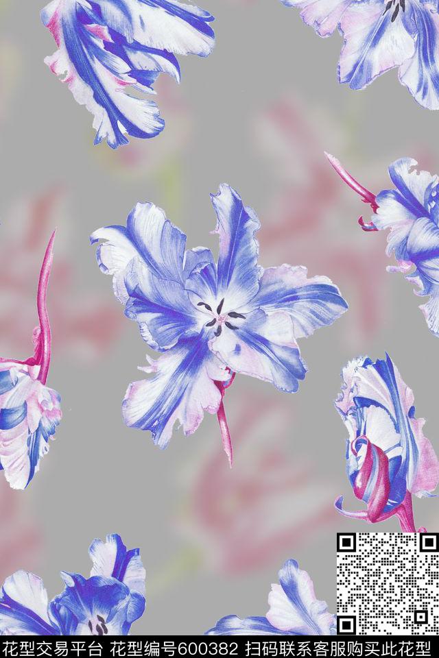 郁金香清新淡雅水彩花朵数码印花华亿平台下载（图片编号: 600382） - 瓦栏（Walan）