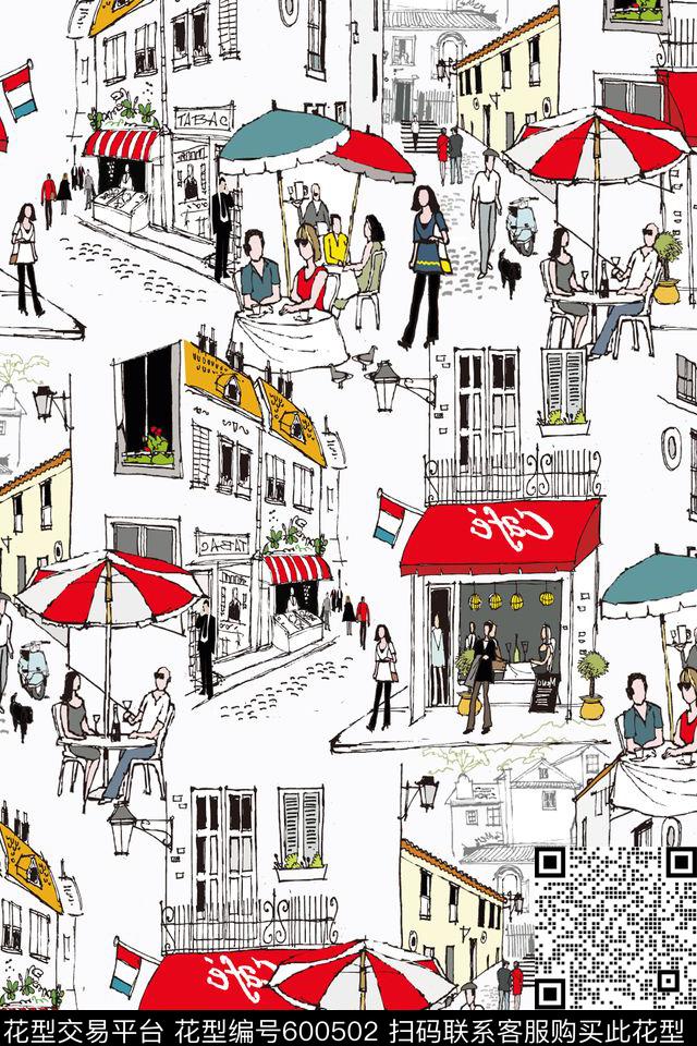 手绘街景连衣裙人物建筑伞数码印花华亿平台下载（图片编号: 600502） - 瓦栏（Walan）