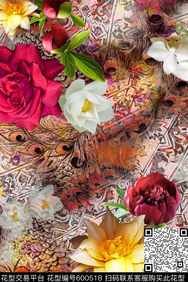 女装花卉朦胧动物纹数码印花华亿平台下载（图片编号: 600518） - 瓦栏（Walan）