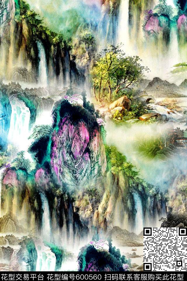 中国风炫彩山水画数码印花华亿平台下载（图片编号: 600560） - 瓦栏（Walan）