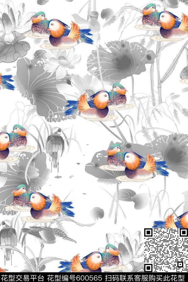 山水画中国风荷花莲花数码印花华亿平台下载（图片编号: 600565） - 瓦栏（Walan）