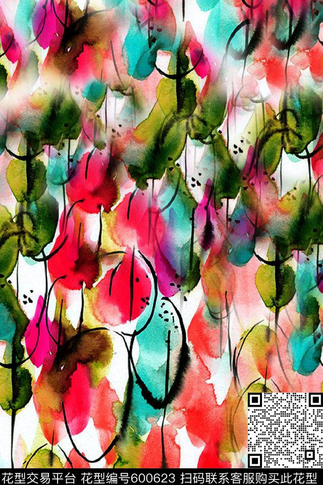 手绘水彩花卉服装数码印花华亿平台下载（图片编号: 600623） - 瓦栏（Walan）