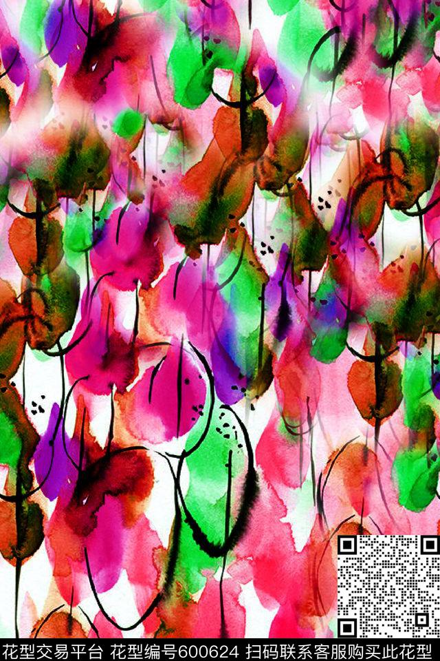 手绘水彩花卉服装数码印花华亿平台下载（图片编号: 600624） - 瓦栏（Walan）