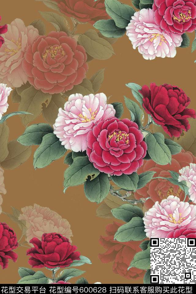 复古茶花中国风数码印花华亿平台下载（图片编号: 600628） - 瓦栏（Walan）