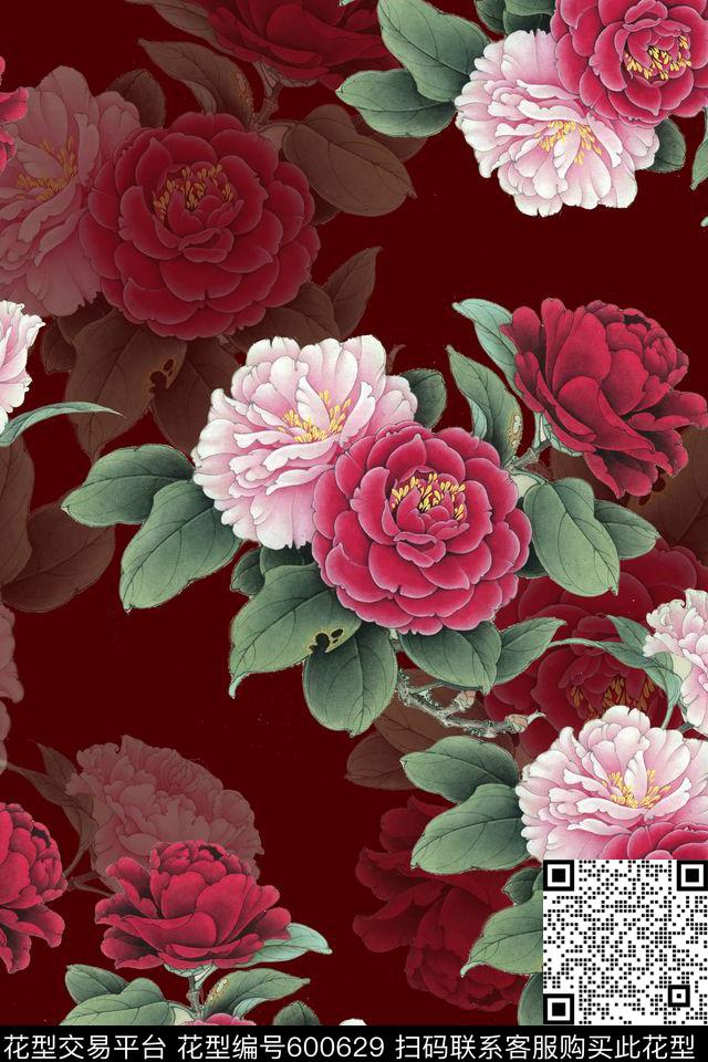 复古茶花中国风数码印花华亿平台下载（图片编号: 600629） - 瓦栏（Walan）