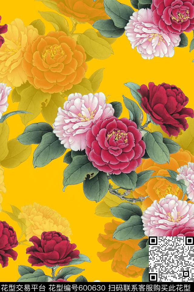复古茶花中国风数码印花华亿平台下载（图片编号: 600630） - 瓦栏（Walan）
