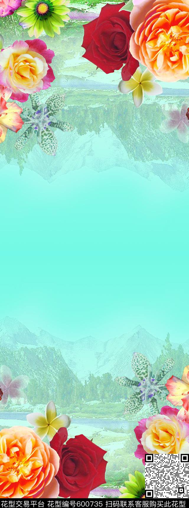 花卉双边定位风景。围巾华亿平台数码印花华亿平台下载（图片编号: 600735） - 瓦栏（Walan）
