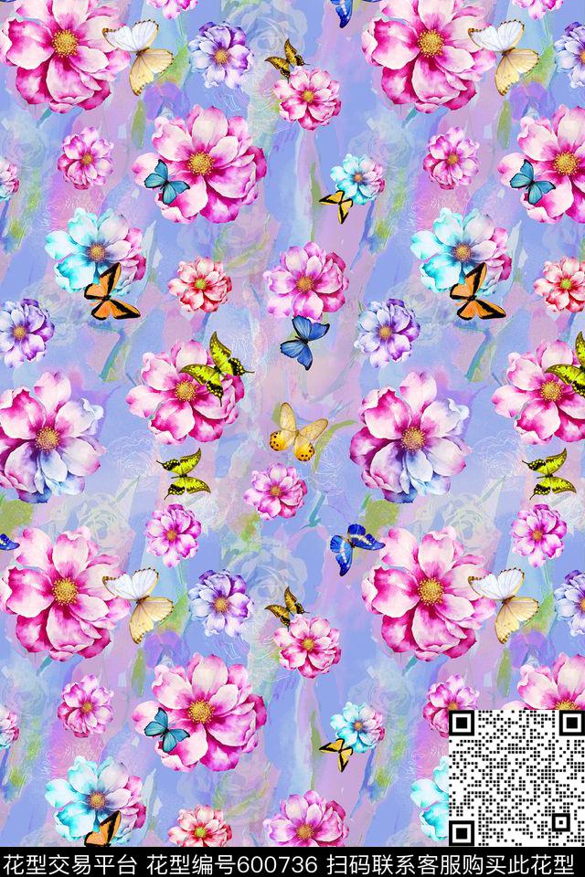 炫彩手绘花卉蝴蝶数码印花华亿平台下载（图片编号: 600736） - 瓦栏（Walan）