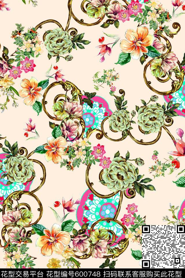 花朵传统花纹复古枝条数码印花华亿平台下载（图片编号: 600748） - 瓦栏（Walan）