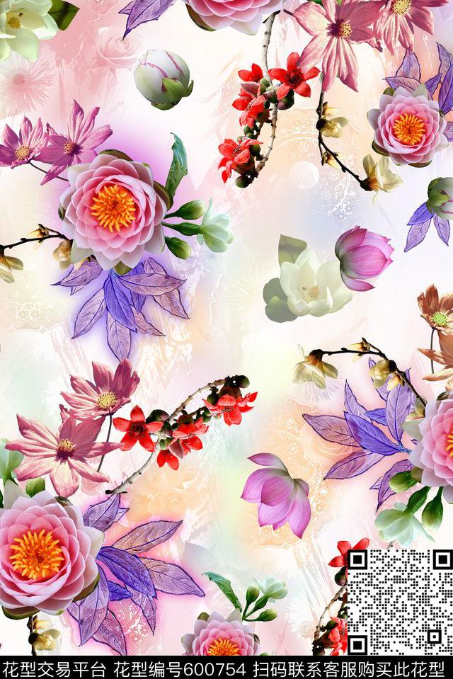 云纹大花花卉数码印花华亿平台下载（图片编号: 600754） - 瓦栏（Walan）