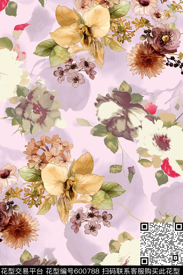 水墨花卉淡雅数码印花华亿平台下载（图片编号: 600788） - 瓦栏（Walan）