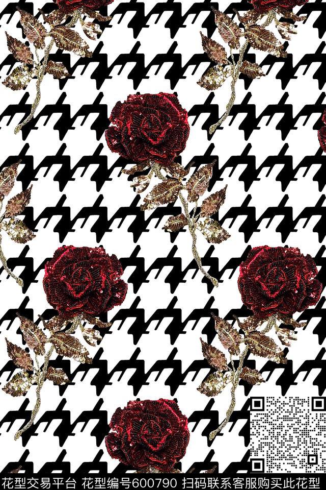 千鸟格珠片玫瑰.外套半裙数码印花华亿平台下载（图片编号: 600790） - 瓦栏（Walan）