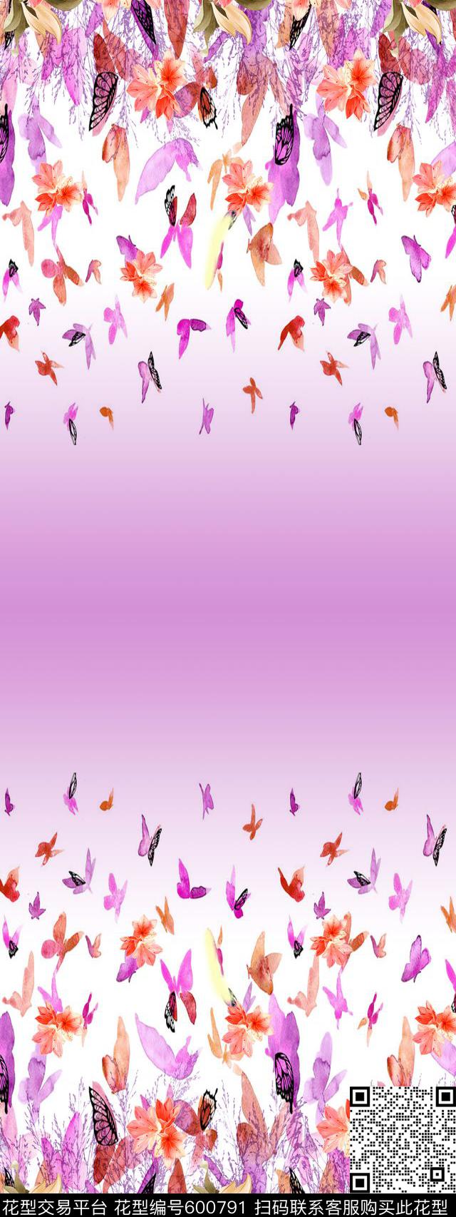 花卉双边裙子蝴蝶数码印花华亿平台下载（图片编号: 600791） - 瓦栏（Walan）