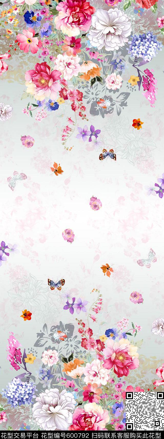 双边花卉蝴蝶数码印花华亿平台下载（图片编号: 600792） - 瓦栏（Walan）