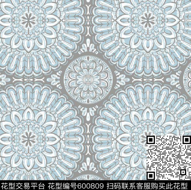 民族风花卉团花数码印花华亿平台下载（图片编号: 600809） - 瓦栏（Walan）