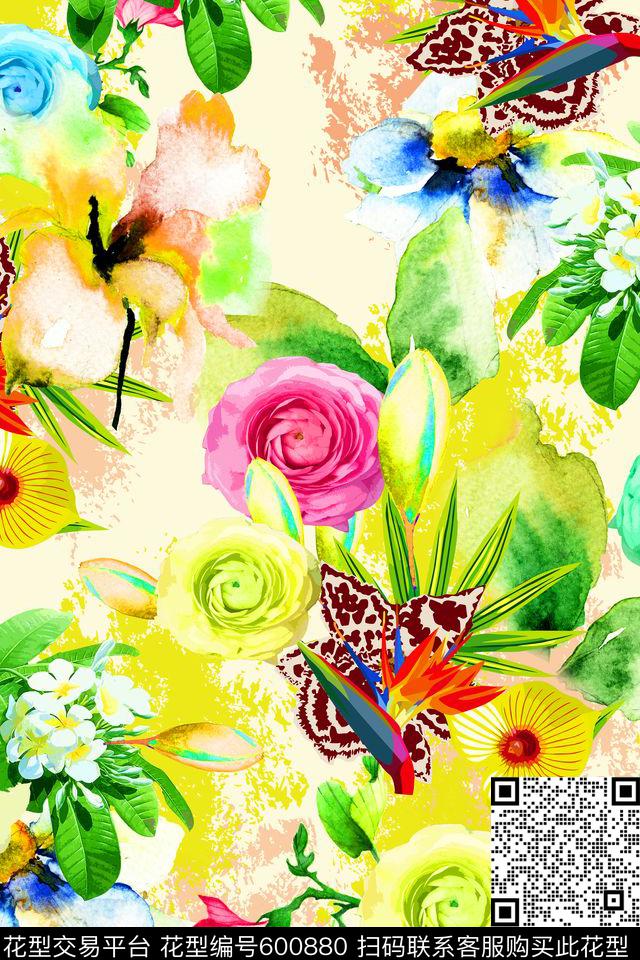 跳接水彩满版数码印花华亿平台下载（图片编号: 600880） - 瓦栏（Walan）