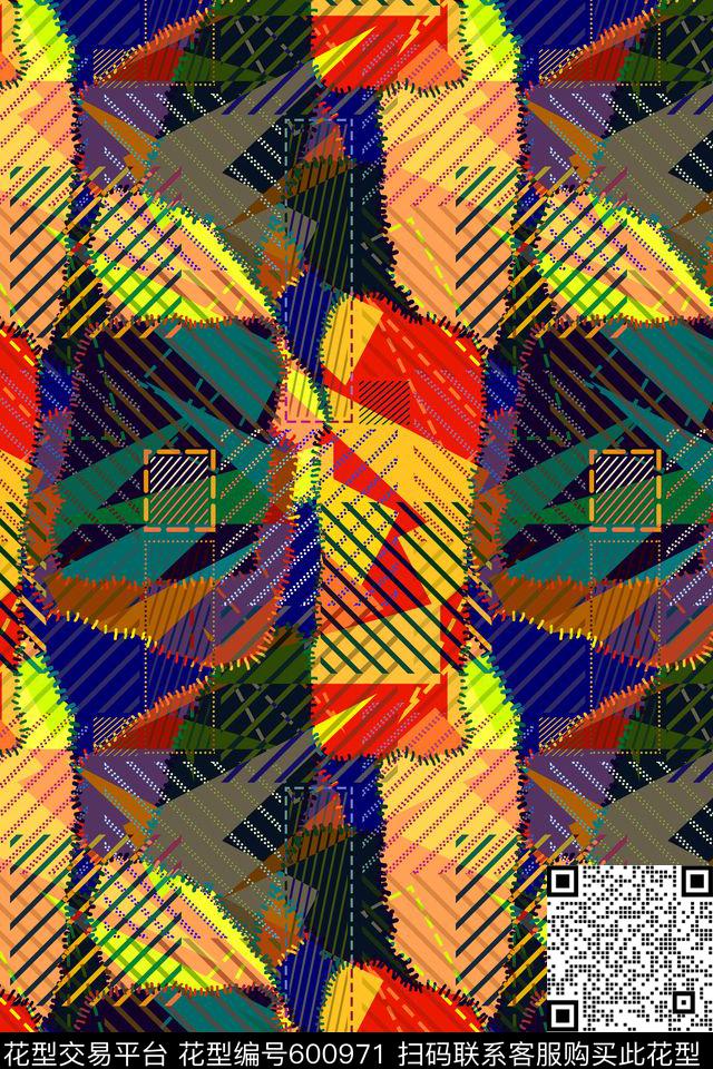 不规则几何抽象拼接传统印花华亿平台下载（图片编号: 600971） - 瓦栏（Walan）