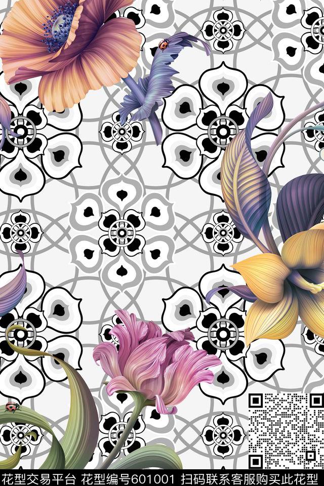 竹叶大花花朵数码印花华亿平台下载（图片编号: 601001） - 瓦栏（Walan）