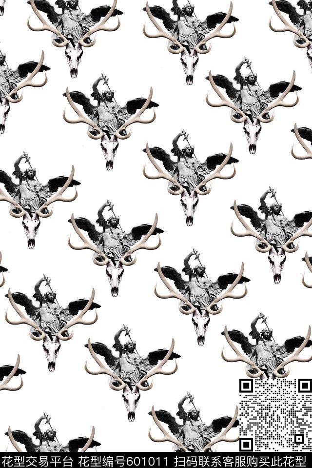 鹿角骷髅头雕像天使数码印花华亿平台下载（图片编号: 601011） - 瓦栏（Walan）