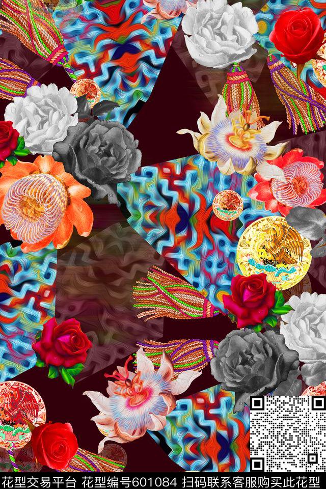满版民族风花卉数码印花华亿平台下载（图片编号: 601084） - 瓦栏（Walan）