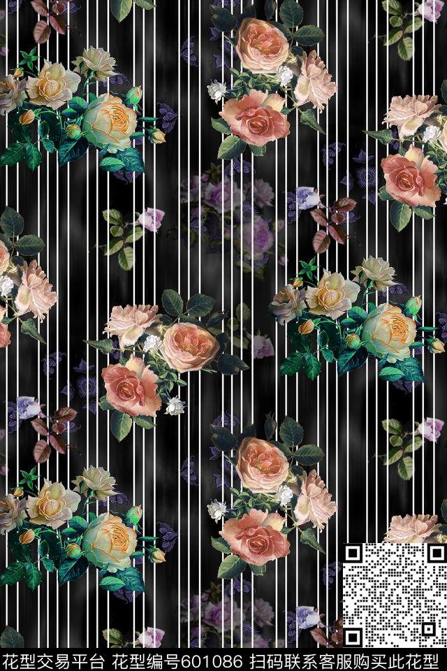 满版线条花卉数码印花华亿平台下载（图片编号: 601086） - 瓦栏（Walan）