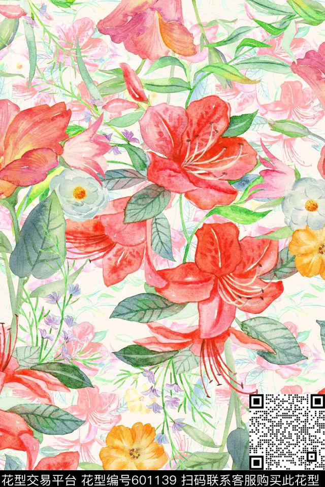 中国风水彩花卉艳丽数码印花华亿平台下载（图片编号: 601139） - 瓦栏（Walan）