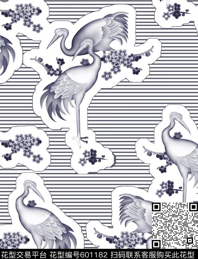 几何仙鹤条纹传统印花华亿平台下载（图片编号: 601182） - 瓦栏（Walan）