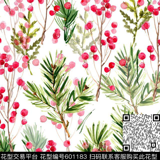 花卉小野果松树叶数码印花华亿平台下载（图片编号: 601183） - 瓦栏（Walan）
