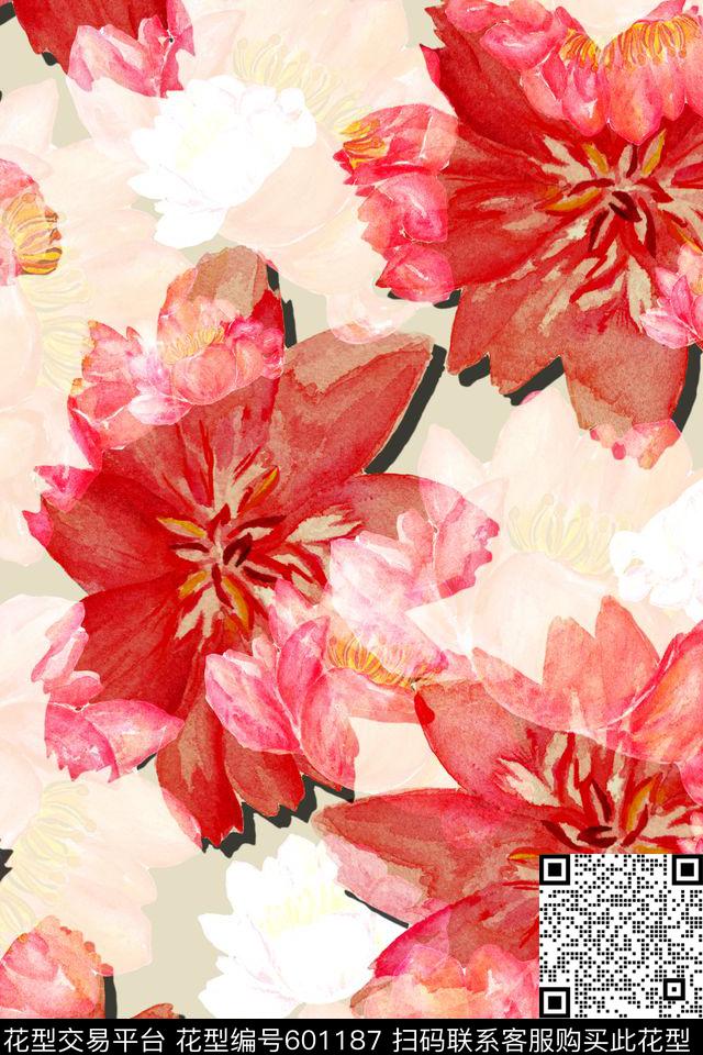 水彩手绘花卉大花数码印花华亿平台下载（图片编号: 601187） - 瓦栏（Walan）